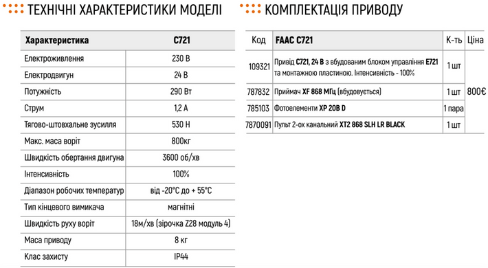FAAC 721 Автоматика для відкатних воріт КОМПЛЕКТ