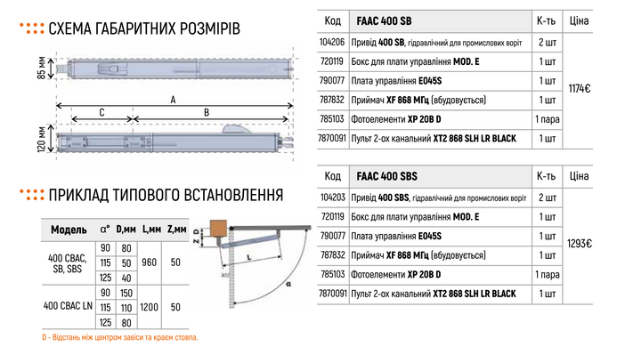 FAAC 400 SB Автоматика для розпашних воріт КОМПЛЕКТ
